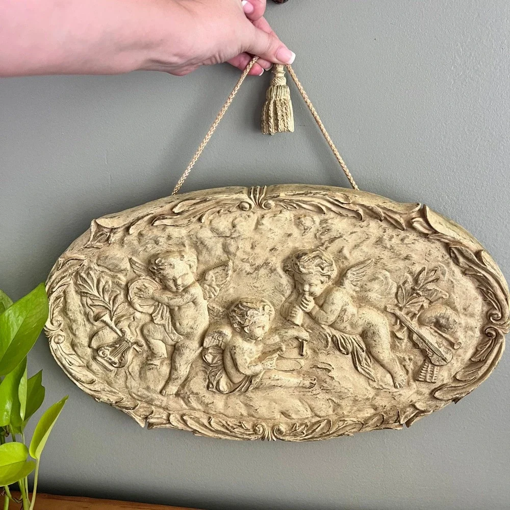 Vintage Style Musical Cherubs Putti Wall Plaque Rococo Style Cream 18x11 Oval